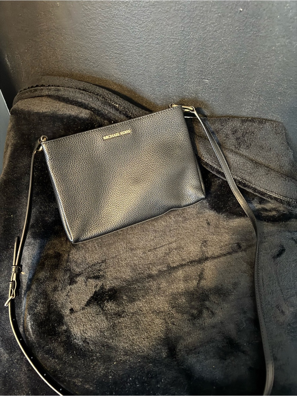 Michael Kors Black Pebbled Leather Crossbody Pouch with Gold Logo